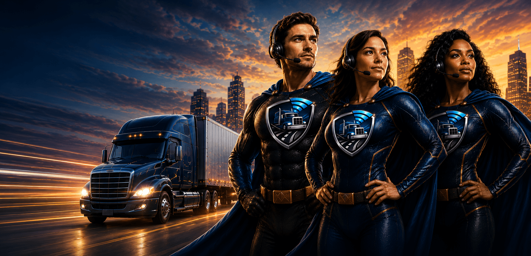 PowerDispatcher dispatch team standing in front of a city and truck