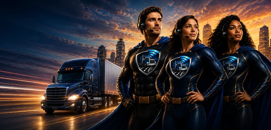 Dispatch team with headsets in front of a sunset city skyline