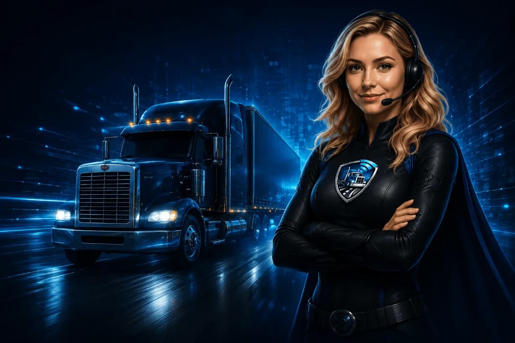 Confident dispatcher with a headset in front of a night city skyline and truck