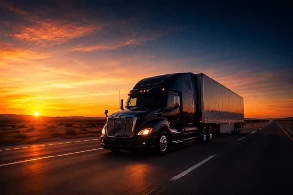 Semi truck at golden hour on an open highway