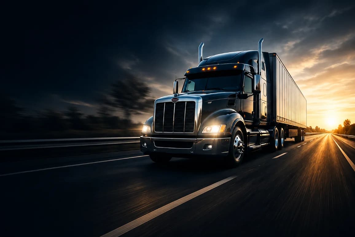 Semi truck rolling down a night highway
