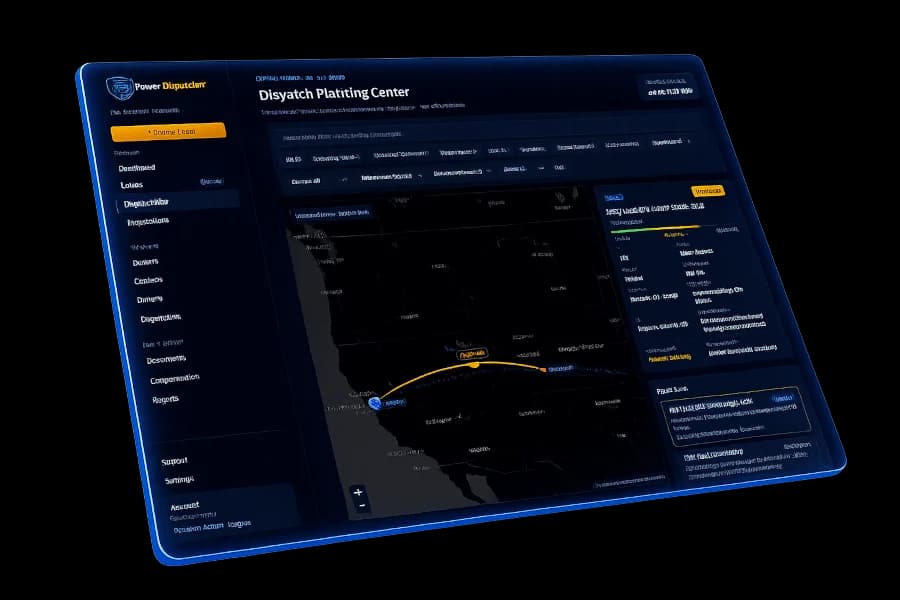 PowerDispatcher dashboard floating at an angle with load stats, revenue chart, and donut chart