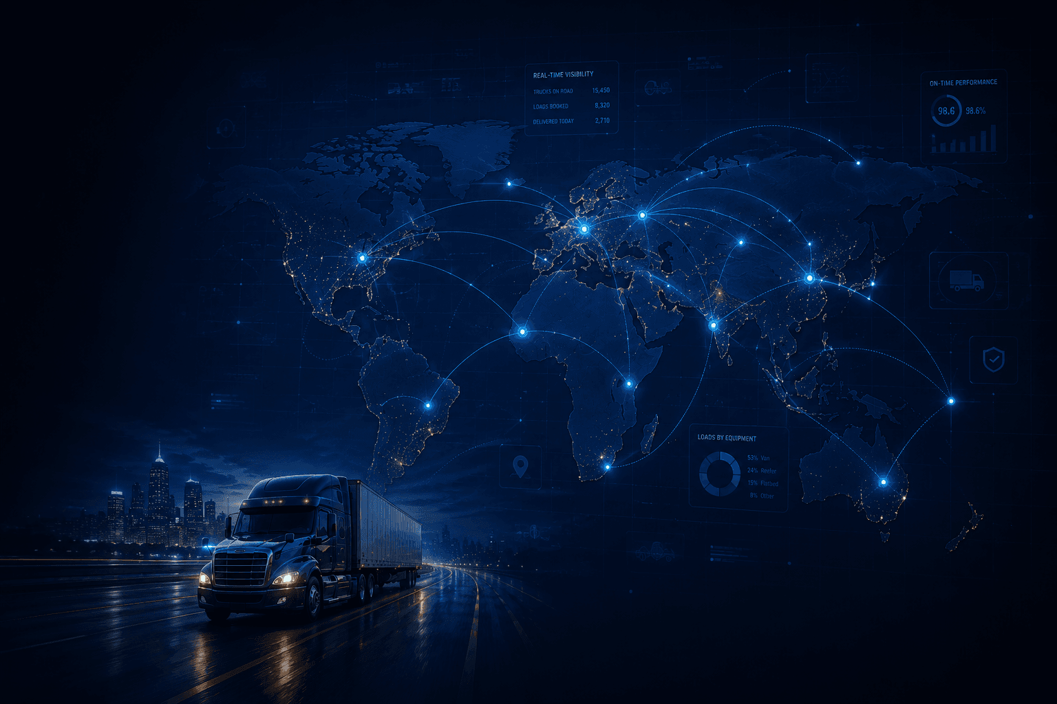 Semi truck driving through a connected city at night